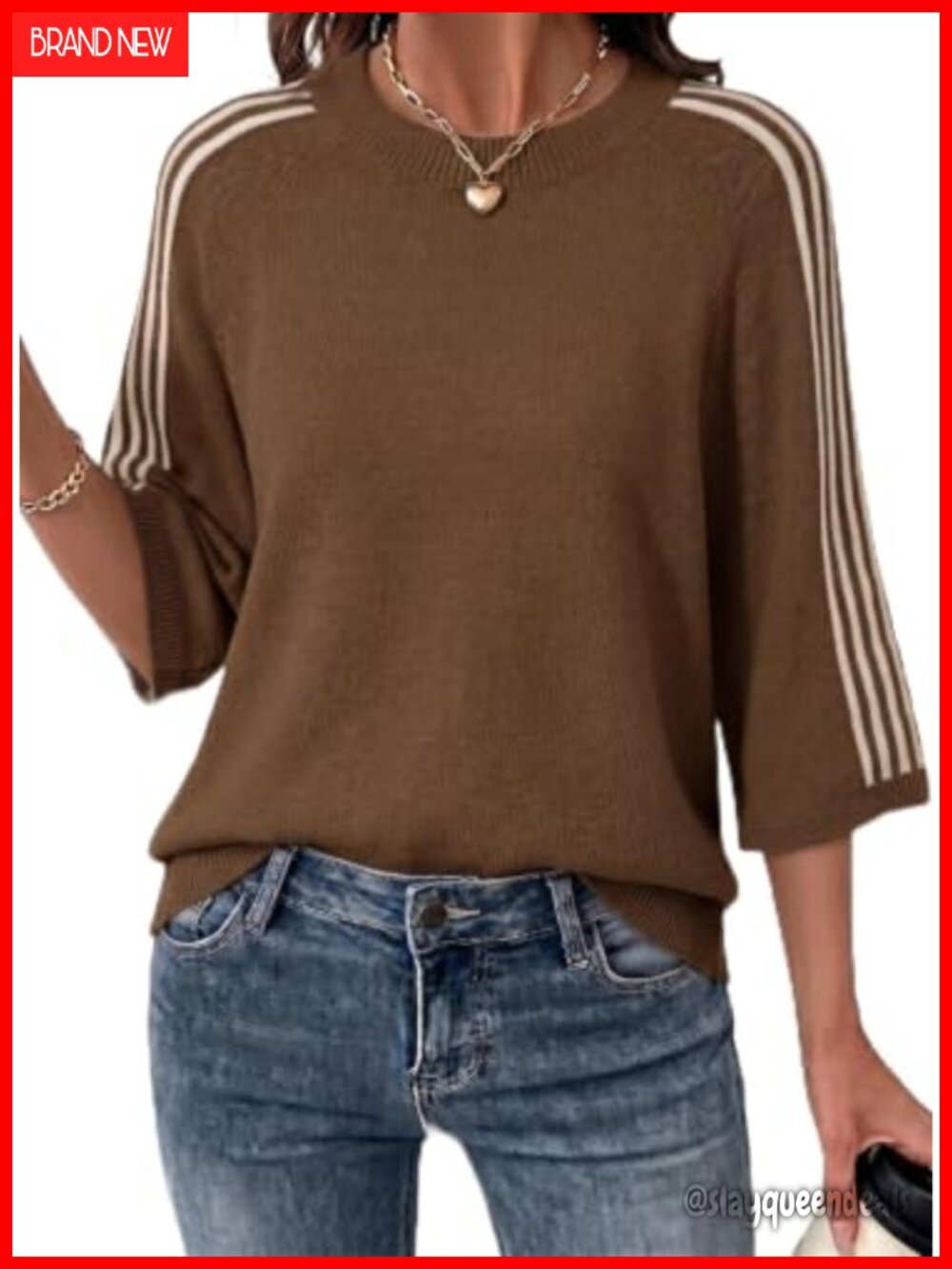 Oversized Crop 3/4 Sleeve Knit Sweater Crew Neck Stripe Drop Shoulder